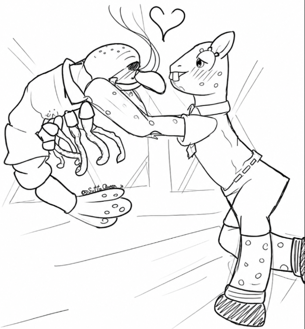 SuttaQueen's tweet photo. @comixsenpai2005 not even i know what i did, i just wanted to impress a girl long time ago with my weird art and.. she made me like drawing shrimped squidward and pony squeared pants..? https://t.co/4R46YdmzFR