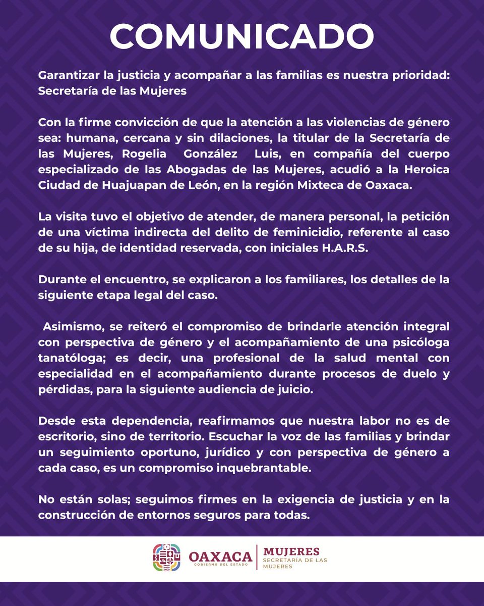 SM_GobOax's tweet photo. La Secretaría de las Mujeres informa que,  este sábado, la titular de la dependencia Rogelia  González  Luis, en coordinación del cuerpo especializado de las Abogadas de las Mujeres, acudió a Huajuapan, para brindar atención a una víctima indirecta del delito de feminicidio. https://t.co/HRY4735Zs2