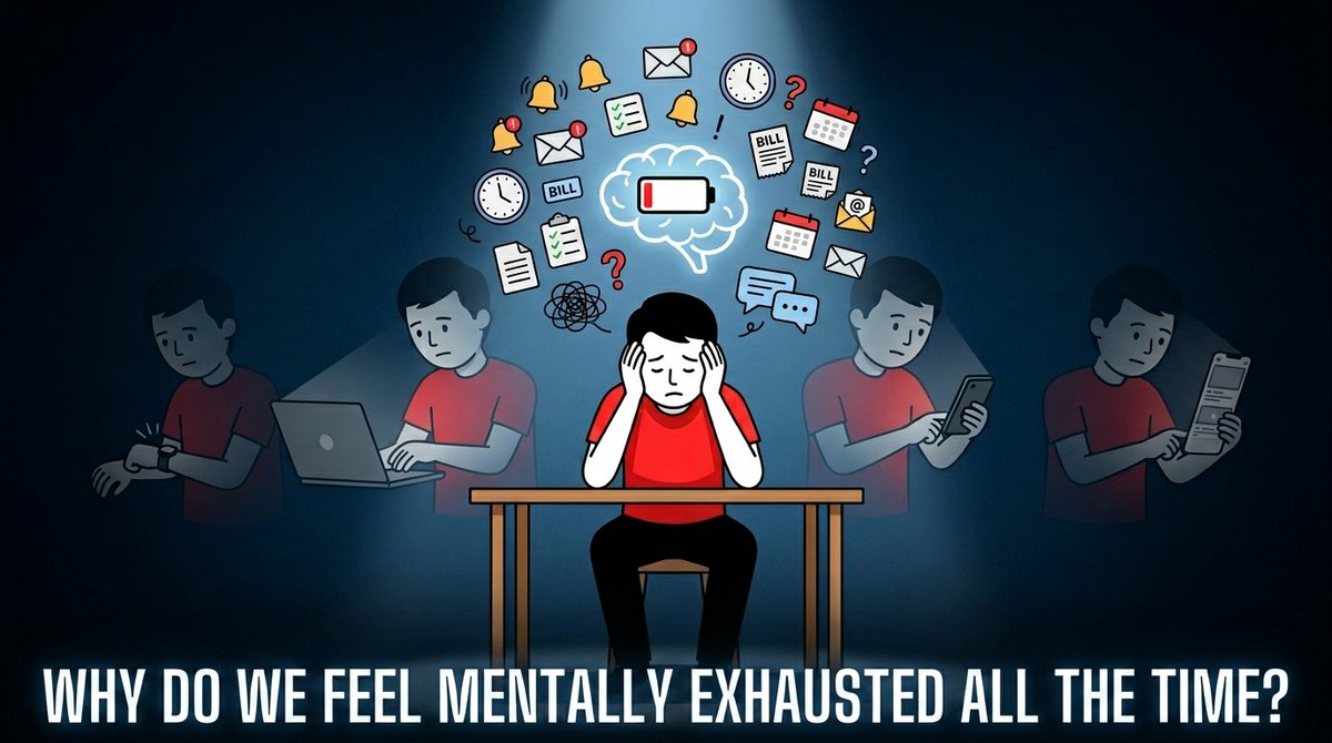 WhyWeDoThatX's tweet photo. Why do we feel mentally exhausted all the time?

Not physically tired.

Mentally tired.

You wake up tired.

You work tired.

You go to bed tired.

And the strange part?

You can't even point to what exhausted you.

So what's happening? 🧵 https://t.co/tjSkDx12QS