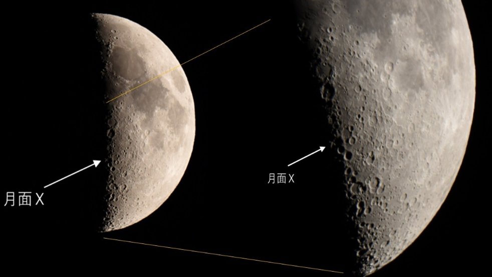 月見 上弦の月 月面X】 本日は上弦の月です。 月面Xが天体望遠鏡などで