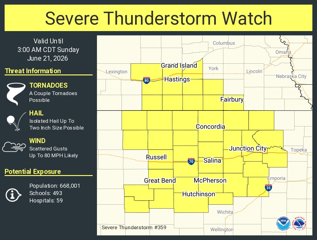 NWSHastings's tweet photo. A severe thunderstorm watch has been issued for parts of Kansas and Nebraska until 3 AM CDT https://t.co/cavAIKGNFR