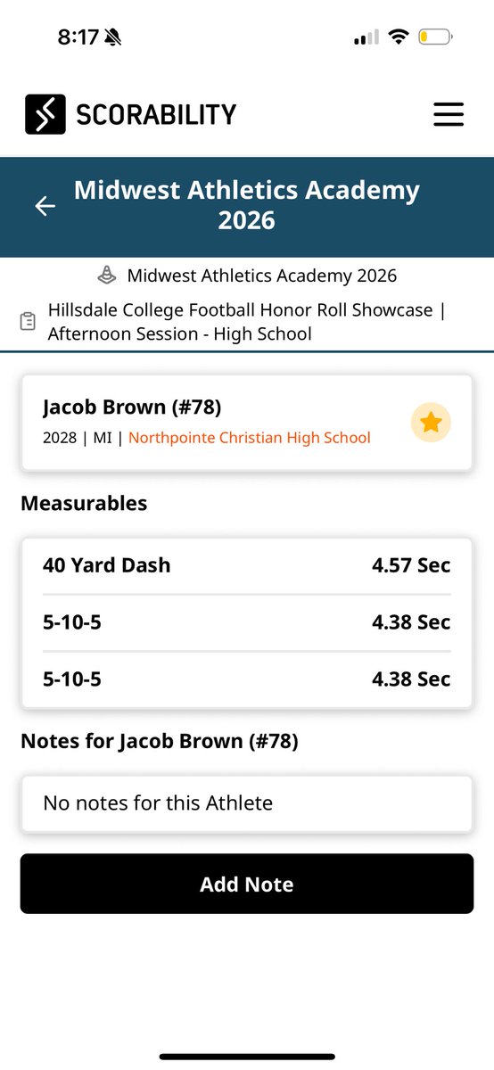 JacobBrown_2's tweet photo. Had a great time competing at the Hillsdale College Honor Roll showcase today!

Testing: 4.57 40, 4.38 5-10-5,

Also did 1 on 1s where I was able to work on route running! https://t.co/zSvONM1MO0