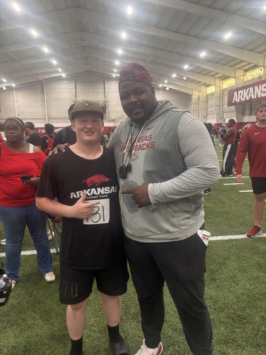 Fisher_Taylor70's tweet photo. Had a great time at @RazorbackFB bigs camp! @mjohnson7672 @CoachRBolden @CoachUptergrove https://t.co/sNNZo5hea1