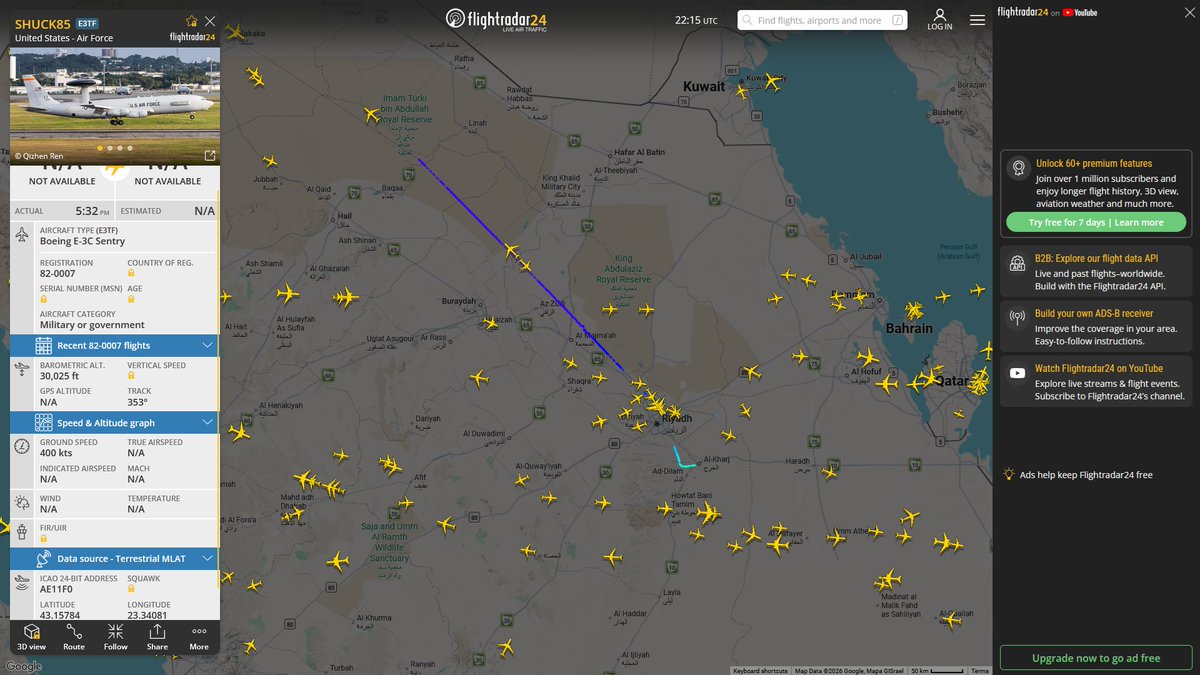 AIYeyENGDdJkjTr's tweet photo. June 21, 2026
#Prince Sultan Air Base ==> #Ramstein Air Base #Tinker Air Force Base, Oklahoma City 

#SHUCK85 #AE11F0 USAF E-3C Sentry https://t.co/IcpxCDROxz