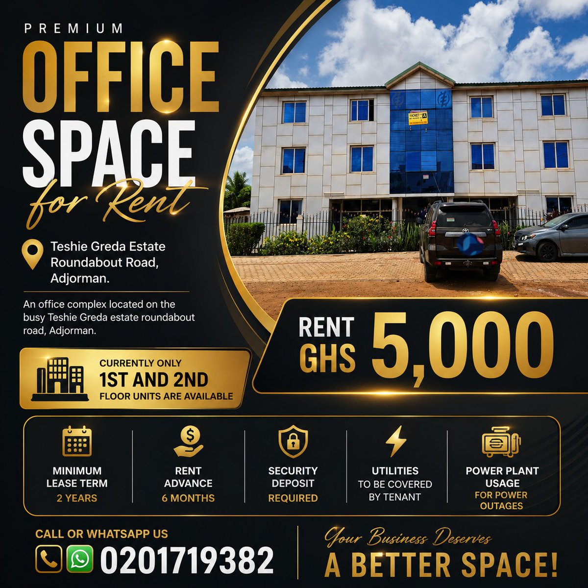 _mzlo's tweet photo. Office Space for Rent in Teshie 
⚡️Lease Term : Minimum 2 years
⭐️ Rent Advance - 6 months
🌞 Security Deposit- Required
🌀 Utilities- To be covered by the tenant
🪙 Rent- 5000Gh (negotiable)
🏢ONLY 1ST AND 2ND FLOOR UNITS ARE AVAILABLE
#RentAccra #Rentofficegh #Accra #RentGhana https://t.co/WYqVuZZJT7