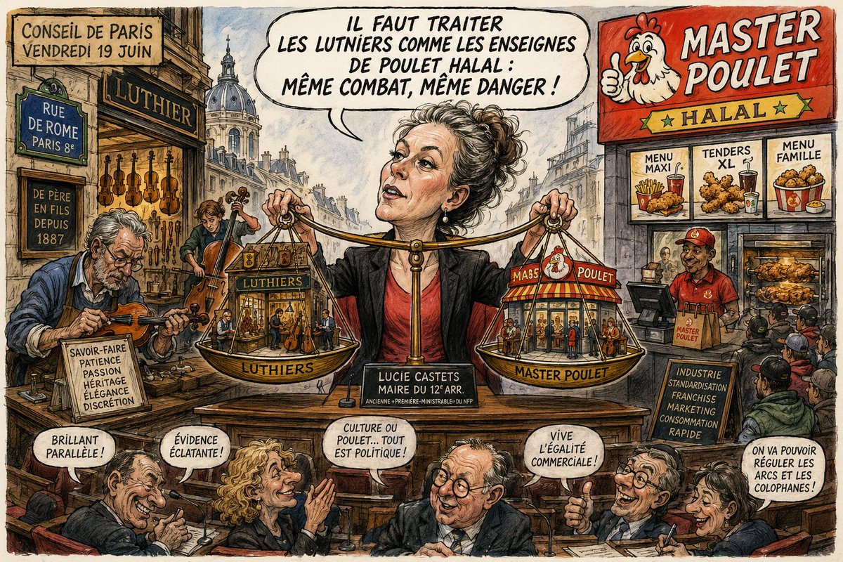 PNerval's tweet photo. Billet d’humeur par Pierre Nerval
Les luthiers, nouveaux ennemis du peuple ?

Ainsi donc, après avoir longtemps opposé les travailleurs aux patrons, les automobilistes aux cyclistes, les propriétaires aux locataires, les anciens aux jeunes, les ruraux aux urbains, voici venue une nouvelle bataille décisive pour l’avenir de la République :
Les luthiers contre les vendeurs de poulets.
Je ne l’avais pas vue venir.
Pendant des décennies, j’ai cru naïvement que le métier de luthier consistait à fabriquer, restaurer et entretenir des violons, altos, violoncelles et contrebasses. J’ignorais totalement que ces artisans représentaient en réalité un danger majeur pour la cohésion nationale.
Heureusement, certains responsables politiques veillent.
Car enfin, qui peut encore supporter l’existence de cette sinistre rue de Rome à Paris, où se succèdent depuis plus d'un siècle des ateliers d’instruments de musique, des vendeurs de partitions, des archetiers et des artisans passionnés ?
Qui peut tolérer cette concentration scandaleuse de culture, de savoir-faire et de patrimoine ?
À écouter certains raisonnements, un alignement de luthiers semblerait désormais comparable à un alignement de chaînes de restauration rapide.
Voilà donc où nous en sommes.
Le violon vaut le poulet frit.
L’archet vaut le sandwich.
La colophane vaut la sauce barbecue.
Le patrimoine artisanal vaut le marketing alimentaire.
...
Le plus inquiétant dans cette affaire est que cette comparaison n’est pas sortie spontanément au détour d’une conversation maladroite.
Elle a été lue.
Sur un écran.
Préparée.
Écrite.
Relue.
Validée.
Puis prononcée publiquement.
Autrement dit, plusieurs personnes ont participé à la fabrication de cette absurdité sans qu’aucune ne se dise :
«Attendez… sommes-nous vraiment en train de comparer des luthiers à des enseignes de poulet ?»
Non.
Le texte a poursuivi sa route jusqu’au micro.
Voilà une nouveau phénomène inquiétant : l’incapacité à distinguer ce qui relève de la culture, du patrimoine et de l’excellence artisanale de ce qui relève simplement du commerce de masse.
Les luthiers de la rue de Rome ne sont pas seulement des commerçants.
Ils incarnent un savoir-faire transmis de génération en génération.
Ils participent au rayonnement musical français.
Ils accueillent des élèves de conservatoire, des professeurs, des musiciens amateurs et professionnels venus du monde entier.
Ils font partie du décor culturel de Paris autant que les libraires des quais ou les antiquaires des beaux quartiers.
Jamais un violon n’a provoqué une émeute.
Jamais un alto n’a menacé l’ordre public.
Jamais un violoncelle n’a porté atteinte aux valeurs républicaines.
Et pourtant, voilà que l’on semble incapable de voir la différence entre un métier d’art et une franchise commerciale.
Après les luthiers, qui sera le prochain coupable ?
Les libraires qui vendent trop de livres ?
Les antiquaires qui exposent trop de meubles anciens ?
Les galeristes qui concentrent trop de tableaux ?
Les bouquinistes parce qu’ils monopolisent les quais de Seine ?
Faudra t-il bientôt répartir les librairies entre les stations-service, installer un garage automobile au milieu du Louvre et ouvrir un fast-food dans la fosse d’orchestre de l’Opéra afin de respecter une parfaite diversité commerciale.
Avec l'égalitarisme poussé jusqu’à l’absurde, plus rien n’a de valeur particulière puisque tout doit être ramené au même niveau.
Le chef-d’œuvre et la médiocrité.
L’artisanat et l’industrie.
La culture et la consommation.
Le violon et le poulet.
Tout se vaut, se confond, s'aplatit.
Le plus inquiétant est qu’une telle façon de penser puisse aujourd’hui ouvrir les portes des plus hautes responsabilités publiques.
...
Car lorsqu’un pays cesse de reconnaître ce qui fait sa richesse culturelle, lorsqu’il devient incapable de distinguer l’exception du banal, alors il commence à perdre son âme.

Et une nation qui ne respecte plus ses luthiers finit par ne plus comprendre sa propre musique.

Pierre Nerval