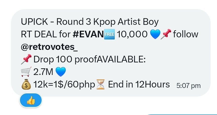 magnesialhs's tweet photo. UPICK - Round 3 Kpop Artist Boy
RT DEAL for #EVAN

🆓 10,000 💙

📌 follow @retrovotes_ 
📌 Drop 100 proof

AVAILABLE:
🛒 2.7M 💙
💰 12k=1$/60php

⏳ End in 12Hours https://t.co/08CVTHH6TB