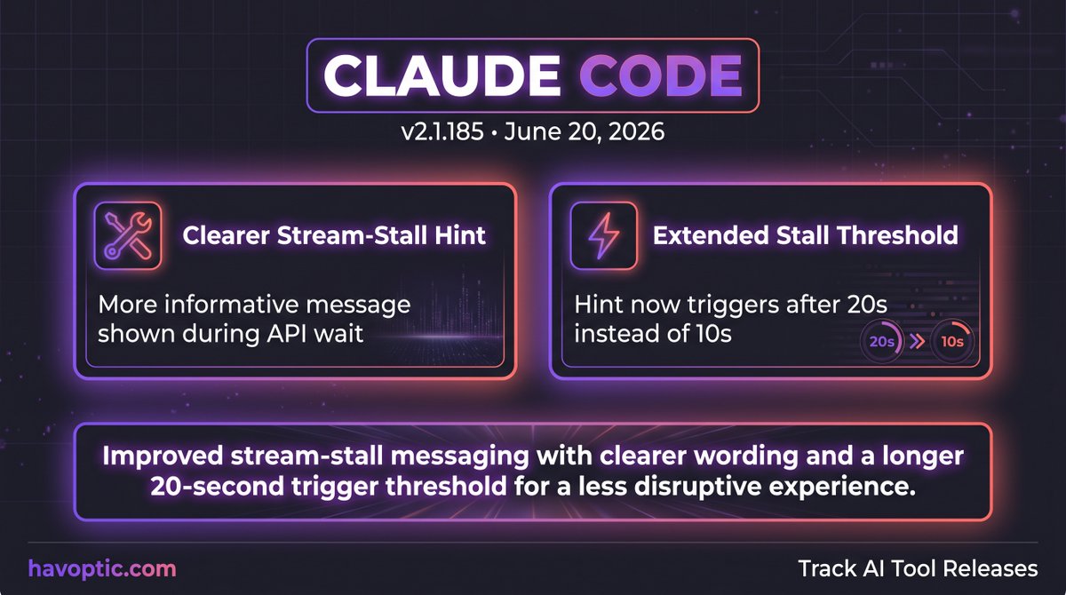havoptic's tweet photo. Claude Code 2.1.185
https://t.co/t7tancgWBx
#ClaudeCode #AIcoding https://t.co/5y8mAis75P