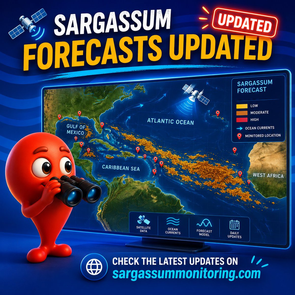 SargaMonitoring's tweet photo. 🛰️ Sargassum Forecasts updated!
New sargassum tracking data now available for the Atlantic, Caribbean Sea &amp; Gulf of Mexico 🌊

📍 Check the latest maps &amp; forecasts:
https://t.co/c7aot8PCKx

#sargassum #sargasses #sargazo #sargassummonitoring https://t.co/RYW1PLp5j3