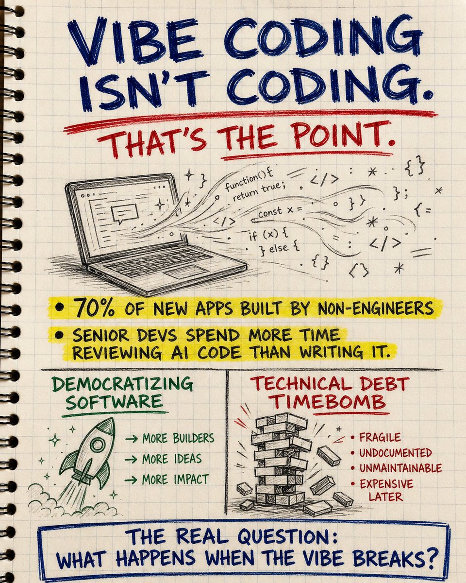 hostmopcom's tweet photo. Vibe coding is the most divisive topic in tech.

70% of new apps involve non-engineers shipping with AI.

Democratization or technical debt timebomb?

The real question: what happens at scale when millions of apps are held together by prompts? 🤖

#VibeCoding #AI #TechTrends https://t.co/T4NVkjBnQn
