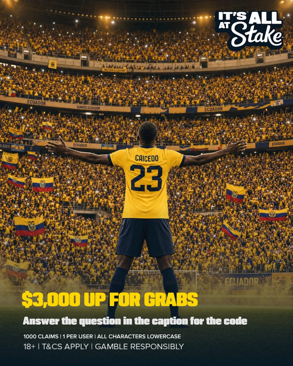 Stake's tweet photo. No goals in the first half? Here’s some 💰 to keep you entertained.

Code: Last name of Ecuador’s goalkeeper v Curacao (Answer in lowercase) https://t.co/QQP2aB2Tx2