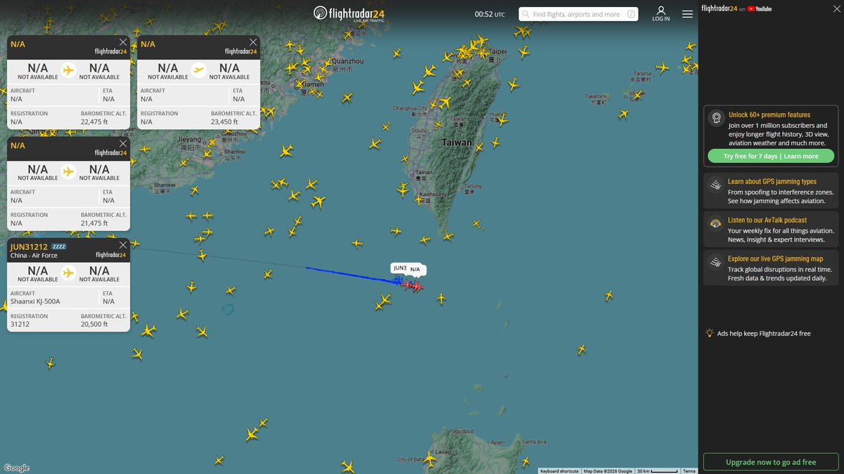 AIYeyENGDdJkjTr's tweet photo. June 21, 2026
#Guangzhou, Guangdong Province ==> #Bashi Channel
#NoCALLSIGN #7A2EC0 PLAAF Unknow aircraft
#NoCALLSIGN #7A2EB2 PLAAF Unknow aircraft
#NoCALLSIGN #7A3353 PLAAF Unknow aircraft
#JUN31212 #7A449C PLAAF Shaanxi KJ-500
Four Chinese military aircraft, including an early warning aircraft, approach the Bashi Channel.