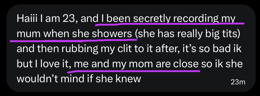 goon4we's tweet photo. Goonette Confession - 23F, has a weirdly close relationship with her mom… DM if you are a goonette and want to share a confession anonymously, like and rt for more https://t.co/iFwbWwpUsr
