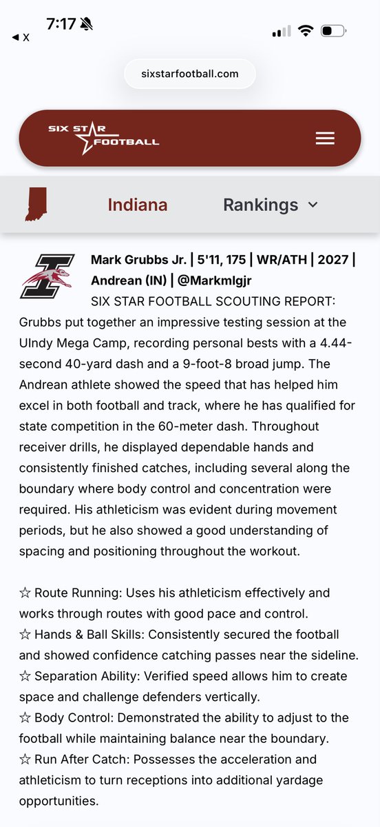 Markmlgjr's tweet photo. Thanks for the write up and recognition @sixstarfootball.  This Definitely provides motivation to keep grinding and working on my game!!  Next stop @SIU_Football camp Friday June 26

@FootballAndrean @A1_coach @IndianaPreps @PrepRedzoneIN @widereceivermag  @UIndyFB @petemonger 

#Hungry
#SeventeenWithADream