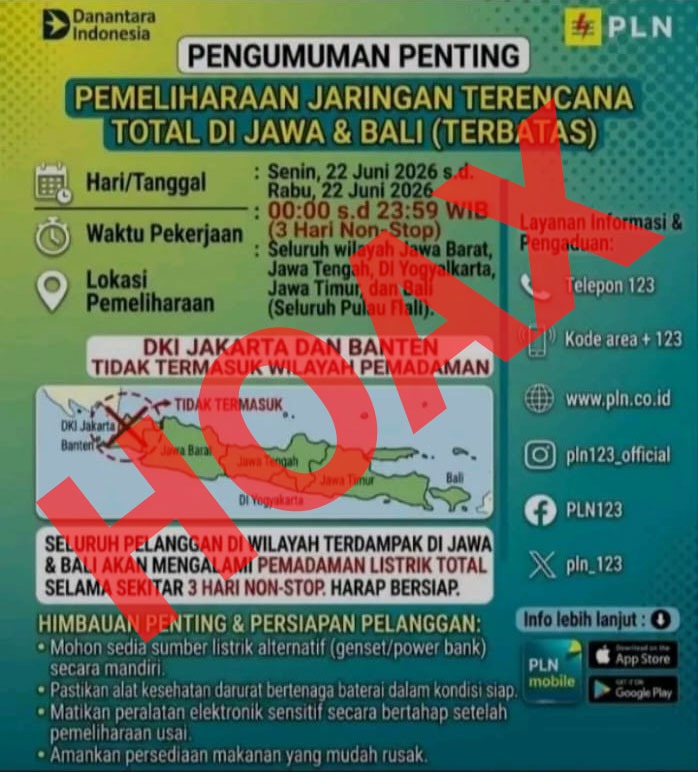 e100ss's tweet photo. #SSInfo: Beredar sebuah flyer di media sosial yang mengatasnamakan PLN terkait informasi pemadaman listrik total selama tiga hari di wilayah Jawa dan Bali pada 22 Juni 2026.

Menanggapi hal tersebut, PLN memastikan bahwa flyer tersebut BUKAN PRODUK RESMI PLN, sehingga informasi yang tercantum di dalamnya tidak dapat dipertanggungjawabkan kebenarannya.

Dana Puspita Sari, Manager Komunikasi dan Tanggung Jawab Sosial dan Lingkungan (TJSL) PLN UID Jawa Timur, menegaskan bahwa setiap informasi terkait manajemen beban atau pemadaman listrik akan disampaikan secara resmi kepada pelanggan yang terdampak.

Dana juga menyampaikan bahwa PLN saat ini terus berupaya mempercepat proses pemulihan pembangkit guna menjaga keandalan pasokan listrik bagi masyarakat. (ss-ji/is)