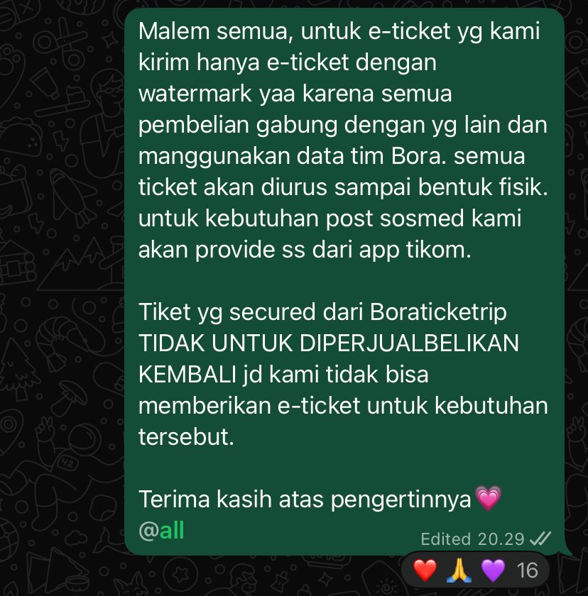 aykiveworld's tweet photo. aku bener bener strict bgt sama semua ticket2 ini karena kita bantunya juga pake hati gaiss jd harga dari boraticketrip itu sangat murahh, kalo ada yg ketauan resell dengan harga yang KATANYA normal padahal NGGAK. aku akan langsung refund. https://t.co/h7s9Asje6Y