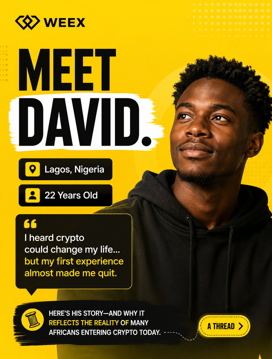 Pierreawung's tweet photo. Meet David.
22 years old.
Lives in Lagos.
Like many young Africans, he heard crypto could create opportunities.
But his first experience almost made him quit.
This is David's story, and why WEEX and WEEX Africa deserve more attention. 🧵 https://t.co/IhNSn7TMNF