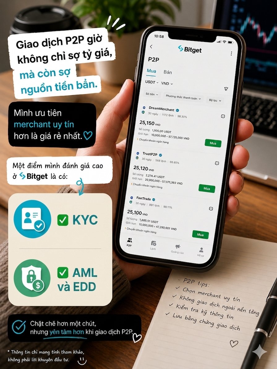thaiha_nhth's tweet photo. Giao dịch P2P giờ không chỉ sợ biến động tỷ giá mà còn s��� nguồn tiền bẩn.

Dạo gần đây thấy khá nhiều chia sẻ về việc tài khoản ngân hàng bị rà soát sau các giao dịch P2P. Điều này khiến mình nhận ra rằng khi mua bán crypto, quan trọng không chỉ là giá tốt mà còn là mức độ an toàn của dòng tiền.

Vì vậy mình thường ưu tiên các merchant có lịch sử giao dịch rõ ràng, tỷ lệ hoàn thành cao và ho��t động lâu năm thay vì chỉ nhìn vào mức giá rẻ nhất.

Một điểm mình cũng để ý là nền tảng có những cơ chế kiểm soát rủi ro nào cho người dùng. Trên @bitget , ngoài KYC để xác minh danh tính, nền tảng còn áp dụng AML và EDD nhằm tăng cường quản lý rủi ro.

Hiểu đơn giản:
✅KYC chỉ xác minh danh tính người dùng.
✅AML và EDD giúp xác minh nguồn tiền và tài sản.

Quy trình sẽ chặt chẽ hơn một chút, nhưng mình đánh giá đây là xu hướng cần thiết khi thị trường crypto ngày càng hướng đến sự minh bạch và tuân thủ.

Anh em giao dịch P2P thường xuyên có thể tìm hiểu thêm về quy trình này tại Bitget Support.

(Thông tin chỉ mang tính tham khảo, không phải lời khuyên đầu tư)

#Bitget #KYC #Hannah