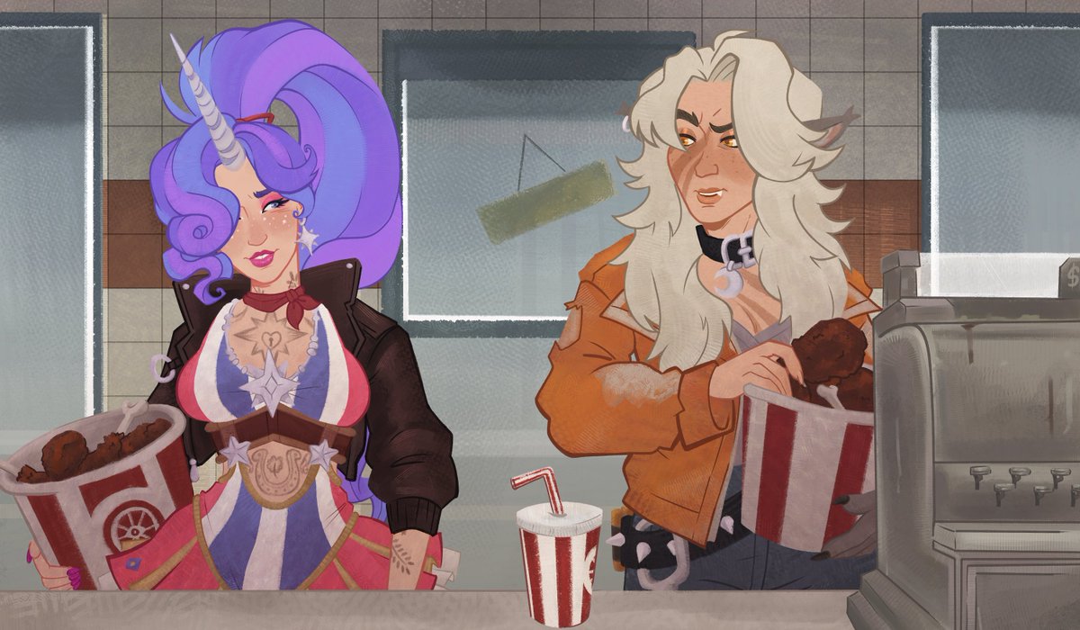 munchybones's tweet photo. [Commission] We both got buckets of chicken, you wanna do it? #deadlock https://t.co/ckYZWUp6Yf