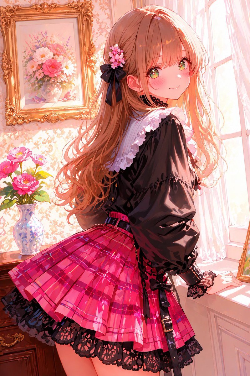 あいちゃんのチェックコーデ 可愛い(*/∀＼*) 朝の光と一緒にほっぺも