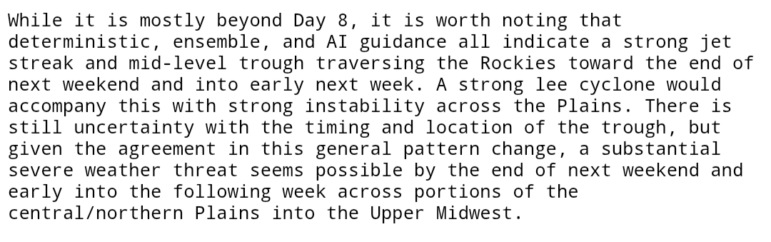 ndinks's tweet photo. I don't ever recall seeing the Storm Prediction Center mention possible severe weather beyond the 8th day of its Day 4-8 Severe Weather Outlook. Should be interesting to see how this develops. https://t.co/hXOZD5enii https://t.co/UqNXDTGuVw