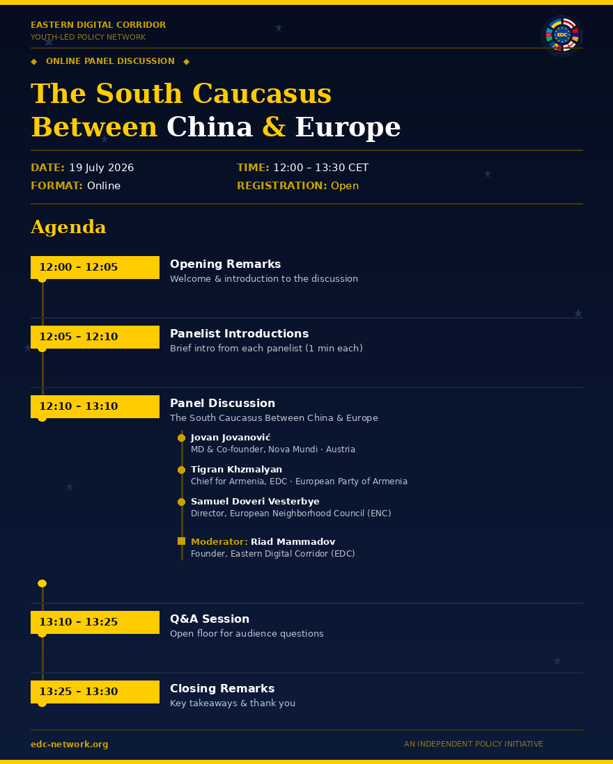 EDC893's tweet photo. Don't miss our upcoming online panel: "The South Caucasus Between China &amp; Europe" on 19 July, 12:00–13:30 CET.

​Featuring expert panelists:

🎙️ Jovan Jovanović

🎙️ Tigran Khzmalyan

🎙️ Samuel Doveri Vesterbye

Moderated by Riad Mammadov.

​Register now! https://t.co/aVU3IzXIAy https://t.co/AhIsDj0fwd