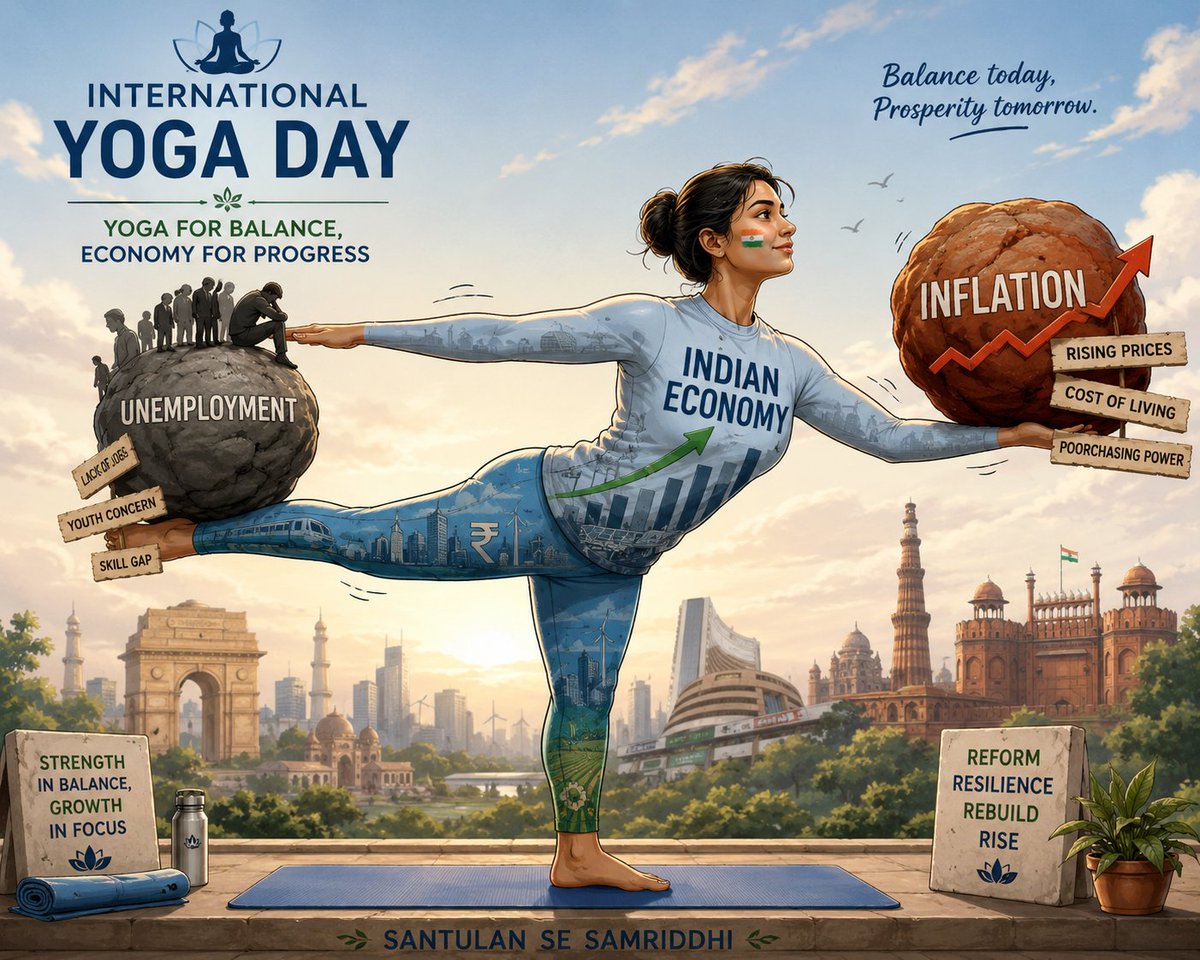 ekaantvoice's tweet photo. On this International Yoga Day, India’s economy stands in a balancing pose—striving for growth while carrying the weight of unemployment and inflation.  #InternationalYogaDay #IndianEconomy #Unemployment #Inflation #YogaForBalance https://t.co/HXIAPDyB62