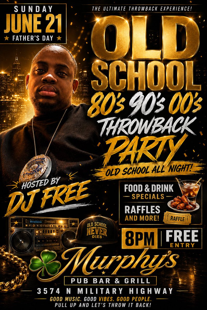 DjFree0520's tweet photo. Sunday June 21 Father’s Day, playing old school 80”s, 90”s 00”s   Throwback party. Old school all night. Music by DJ Free. Murphys Pub Bar &amp; Grill 3574 N military Highway. Food and Drink specials Raffles and more. https://t.co/bSi2xyzvIX