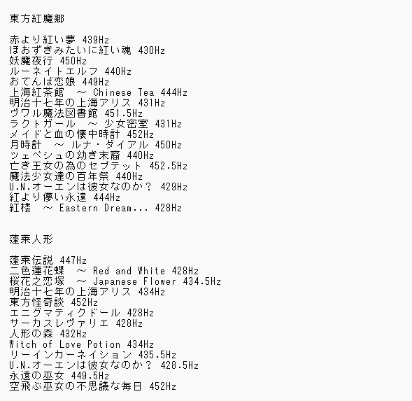 _yutoy's tweet photo. なんとなく紅魔郷と蓬莱人形のピッチ調べてみた。割と適当なので±3Hzくらいの誤差あるかも https://t.co/7Wc2YkQHGO