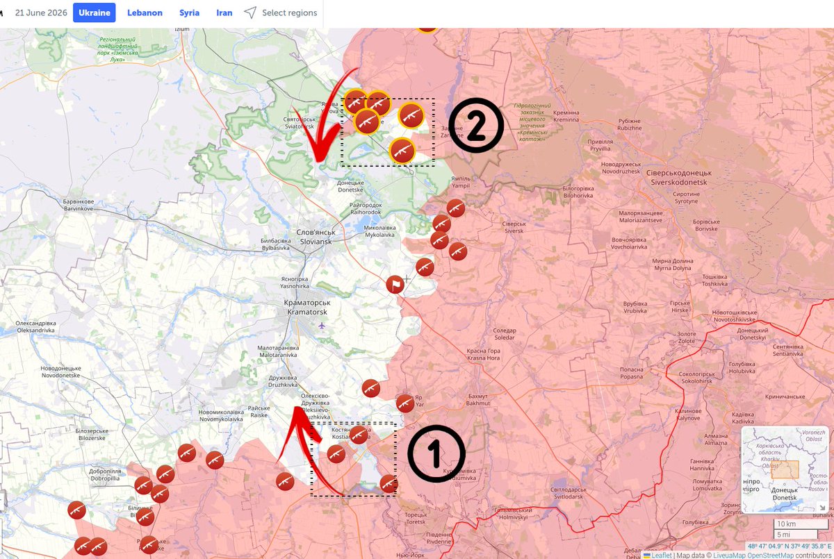 BrianJBerletic's tweet photo. 🇷🇺🇺🇦Russian Forces Continue Encircling Ukraine's Remaining Donbass Strongholds 

▪️Despite claims across Western media Ukraine has "turned the tide," Russian forces continue their incremental advances including toward the most heavily fortified positions within the Donbass; 

▪️The city of Konstantinovka (1) is being encircled with sections of the city already admittedly held by Russian forces according to pro-Ukrainian Live UA Map; 

▪️The same pro-Ukrainian map admits the presence of Russian forces inside Lyman (2) to the north; 

▪️Following the taking of Konstantinovka and Lyman, Russia will enhance its ability to target Slavyansk and Kramatorsk with drones and other precision-guided weapons to complicate logistics, rotating forces, sending reinforcements, weakening the defense of these strongholds as well; 

▪️  Slavyansk and Kramatorsk are the two remaining strongholds in the Donbass held by Ukraine - following their fall, Russia will control the entire Donbass region - a key objective of the SMO;