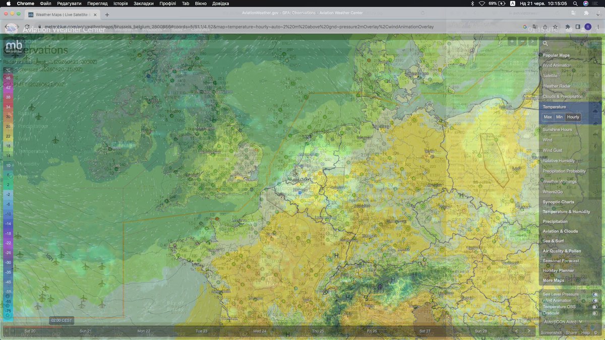 RJt5observatory's tweet photo. 🇧🇪🇫🇷Brussels surface 1000hpa meteoBlue with Satelite/Rader/Snowy Temperature    
0050/01xx/0000Z 21st, June 2026                    

[#meteoBlue]                  

Satelite                         
Rainy band                                       
Clouds and the Snowy[#Possibly]       
Temperature                     

[AWC its expands the display area by displaying its an app using Chrome]                  

AWC/Vietor aviations weather Metar's results  Skyvector with
מידע על מזג האוויר לתעופה בבריסל החמיר באופן זמני. Текст, наприклад   джерело зображення, в будовано в кожне зображенн