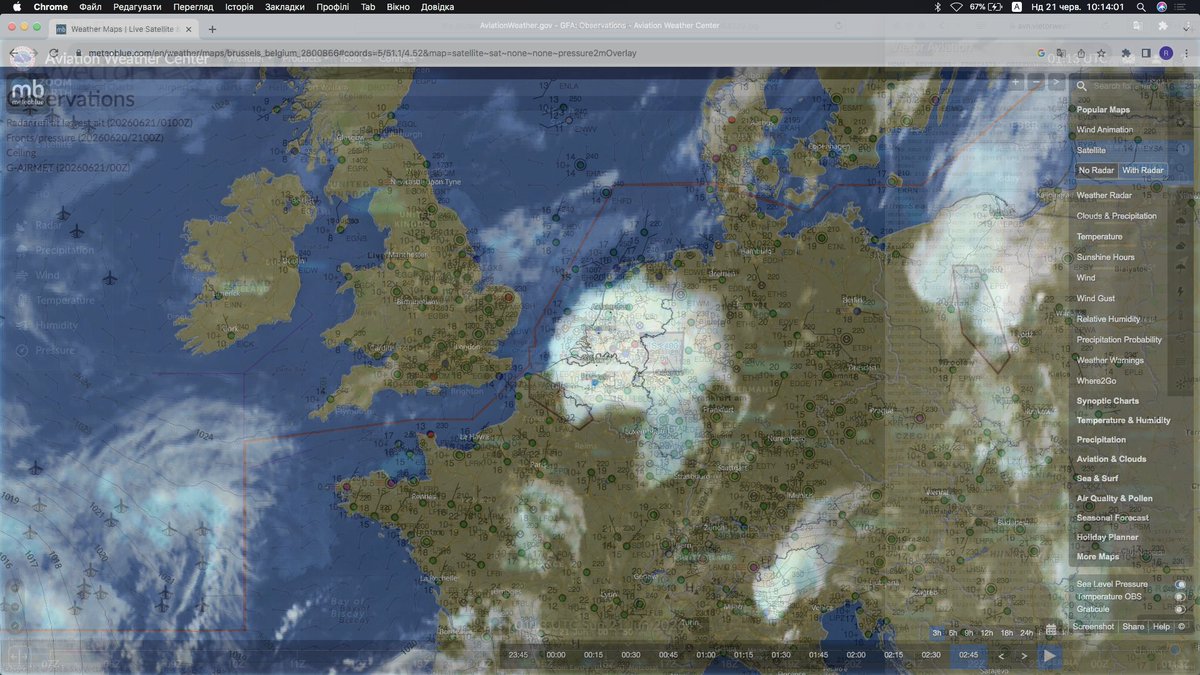 RJt5observatory's tweet photo. 🇧🇪🇫🇷Brussels surface 1000hpa meteoBlue with Satelite/Rader/Snowy Temperature    
0050/01xx/0000Z 21st, June 2026                    

[#meteoBlue]                  

Satelite                         
Rainy band                                       
Clouds and the Snowy[#Possibly]       
Temperature                     

[AWC its expands the display area by displaying its an app using Chrome]                  

AWC/Vietor aviations weather Metar's results  Skyvector with
מידע על מזג האוויר לתעופה בבריסל החמיר באופן זמני. Текст, наприклад   джерело зображення, в будовано в кожне зображенн