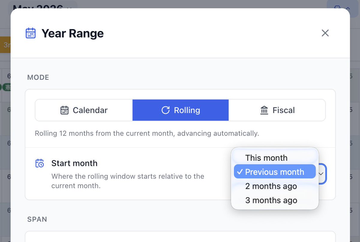 anu_cal's tweet photo. A small update to Rolling 12 Months.

You can now start the rolling window from:
- this month
- the previous month
- 2 months ago
- 3 months ago

Useful when you want a little recent context while still keeping the next 12 months in view. https://t.co/CjOLTaPbZO