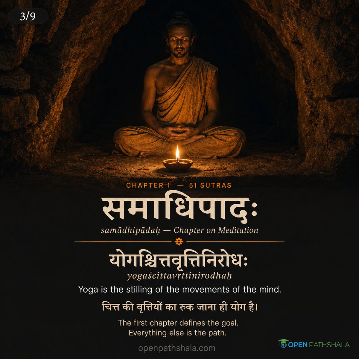 OpenPathshala's tweet photo. योगदिनम् 🙏 | International Yoga Day

1/ समाधिपादः | samādhipādaḥ
योगश्चित्तवृत्तिनिरोधः ।
yogaścittavṛttinirodhaḥ
Yoga is the stilling of the movements of the mind.
चित्त की वृत्तियों का रुक जाना ही योग है।

2/ साधनपादः | sādhanapādaḥ
तपःस्वाध्यायेश्वरप्रणिधानानि क्रियायोगः ।
tapaḥsvādhyāyeśvarapraṇidhānāni kriyāyogaḥ
Austerity, self-study, surrender — this is Kriyā Yoga.
तप, स्वाध्याय, ईश्वर शरणागति — ये तीनों क्रियायोग हैं।

3/ विभूतिपादः | vibhūtipādaḥ
जन्मौषधिमन्त्रतपःसमाधिजाः सिद्धयः ।
janmauṣadhimantratapaḥsamādhijāḥ siddhayaḥ
Powers arise from birth, herbs, mantra, austerity, or samādhi.
जन्म, औषधि, मन्त्र, तप और समाधि से सिद्धियाँ मिलती हैं।

4/ कैवल्यपादः | kaivalyapādaḥ
कैवल्यम् (kaivalyam) — मुक्ति अर्थात् स्वयं में पूर्ण होना।

Millions practice yoga. Very few have read the book it comes from.

The Yoga Sūtras — 195 sūtras across 4 chapters — is the foundational text of the entire tradition.

 Patañjali didn't invent yoga. He systematised it. His definition is the second sūtra: yogaścittavṛttinirodhaḥ. Three words. Not postures. Not breathing. Those are tools. The remaining sūtras are about the mind.

The 8 limbs move inward — from behaviour (yama, niyama) to body (āsana) to breath (prāṇāyāma) to senses (pratyāhāra) to concentration (dhāraṇā) to meditation (dhyāna) to absorption (samādhi).
Most of the world practices limb 3. Patañjali wrote 7 more.

We don't even know who he was. The dates are debated. He left 195 sūtras and nothing else. It was enough.

Save this. Share with someone who does yoga daily but has never read Patañjali 🔖

#YogaDay #InternationalYogaDay #YogaSutra #Patanjali #Sanskrit #LearnSanskrit #योगदिनम् #Ashtanga #Samadhi #Kaivalya #VedicWisdom #IndianPhilosophy #OpenPathshala #SanskritLearning #Yoga2026
