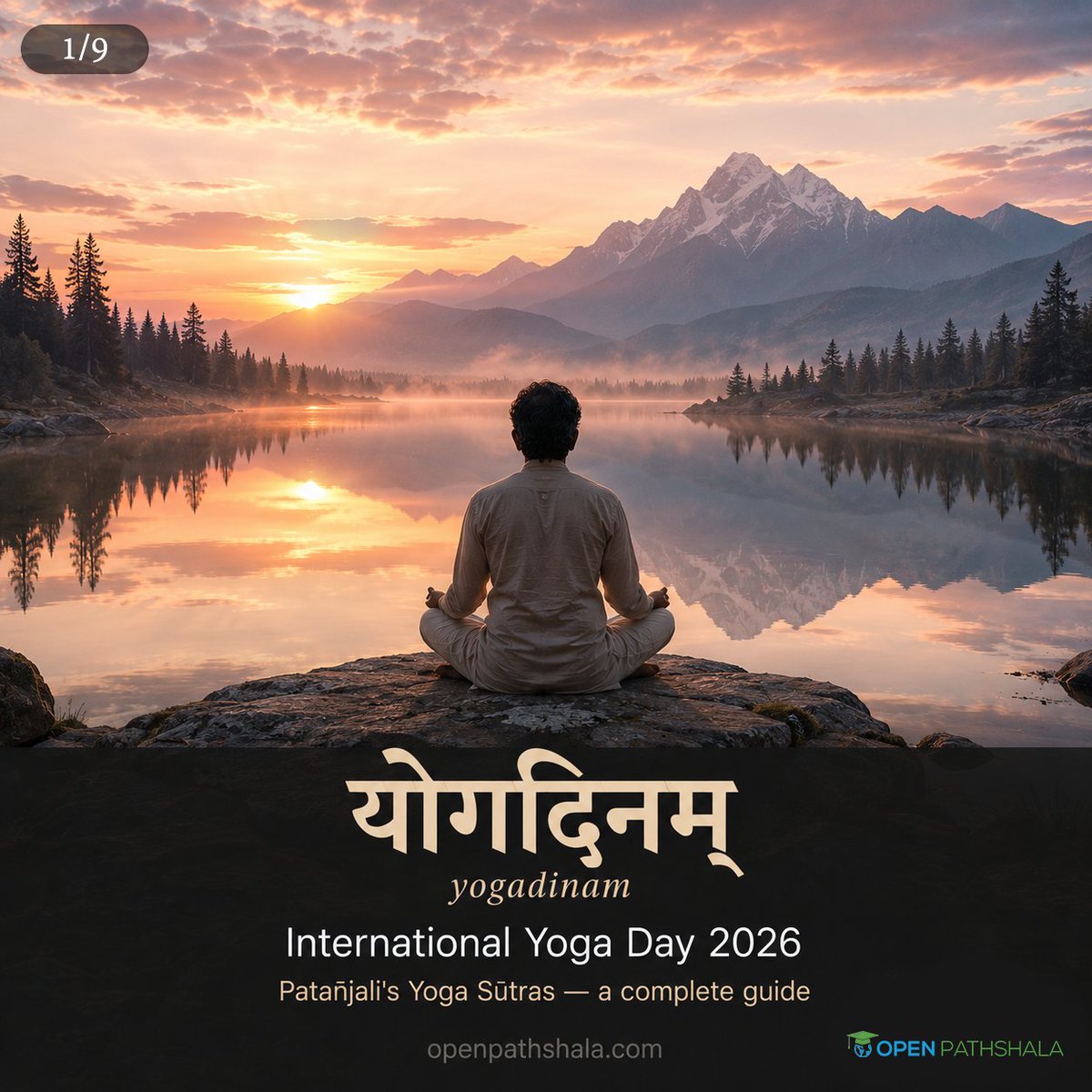 OpenPathshala's tweet photo. योगदिनम् 🙏 | International Yoga Day

1/ समाधिपादः | samādhipādaḥ
योगश्चित्तवृत्तिनिरोधः ।
yogaścittavṛttinirodhaḥ
Yoga is the stilling of the movements of the mind.
चित्त की वृत्तियों का रुक जाना ही योग है।

2/ साधनपादः | sādhanapādaḥ
तपःस्वाध्यायेश्वरप्रणिधानानि क्रियायोगः ।
tapaḥsvādhyāyeśvarapraṇidhānāni kriyāyogaḥ
Austerity, self-study, surrender — this is Kriyā Yoga.
तप, स्वाध्याय, ईश्वर शरणागति — ये तीनों क्रियायोग हैं।

3/ विभूतिपादः | vibhūtipādaḥ
जन्मौषधिमन्त्रतपःसमाधिजाः सिद्धयः ।
janmauṣadhimantratapaḥsamādhijāḥ siddhayaḥ
Powers arise from birth, herbs, mantra, austerity, or samādhi.
जन्म, औषधि, मन्त्र, तप और समाधि से सिद्धियाँ मिलती हैं।

4/ कैवल्यपादः | kaivalyapādaḥ
कैवल्यम् (kaivalyam) — मुक्ति अर्थात् स्वयं में पूर्ण होना।

Millions practice yoga. Very few have read the book it comes from.

The Yoga Sūtras — 195 sūtras across 4 chapters — is the foundational text of the entire tradition.

 Patañjali didn't invent yoga. He systematised it. His definition is the second sūtra: yogaścittavṛttinirodhaḥ. Three words. Not postures. Not breathing. Those are tools. The remaining sūtras are about the mind.

The 8 limbs move inward — from behaviour (yama, niyama) to body (āsana) to breath (prāṇāyāma) to senses (pratyāhāra) to concentration (dhāraṇā) to meditation (dhyāna) to absorption (samādhi).
Most of the world practices limb 3. Patañjali wrote 7 more.

We don't even know who he was. The dates are debated. He left 195 sūtras and nothing else. It was enough.

Save this. Share with someone who does yoga daily but has never read Patañjali 🔖

#YogaDay #InternationalYogaDay #YogaSutra #Patanjali #Sanskrit #LearnSanskrit #योगदिनम् #Ashtanga #Samadhi #Kaivalya #VedicWisdom #IndianPhilosophy #OpenPathshala #SanskritLearning #Yoga2026