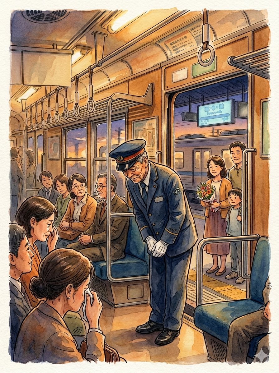 tasogare_plus's tweet photo. 「私ごとですが、
この電車をもちまして、

私の41年の勤務を終えます」

突然のアナウンスに、車内がざわついた。

「本日のご乗車、
誠にありがとうございました」

41年間、毎日同じ仕事を、
同じ丁寧さで続けてきた人がいる。

終点に着くと、
家族が花束を持って待っていた。

誰に見られなくても、
同じだけ心を込める。

それを41年、続けられる人がいる。

これが、日本の当たり前だと思う。