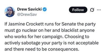 groove_sdc's tweet photo. Yeah um I guessed you missed when they said she needed to be blacklisted before she even ran.

Doesn’t sound like folks willing to support her if she won.

Then she ran a competitive race by winning a huge section of the Black vote and they called her an abject failure. https://t.co/x7q3fX7Ynq