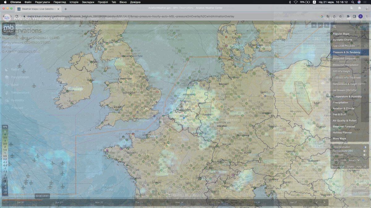 RJt5observatory's tweet photo. 🇧🇪🇫🇷Brussels surface 1000/1000hpa 500hpa Pressures and the 3hours tendency with 500/250hpa Heights                                                   
00xx/01xxZ UTC 21st,June 2026

#meteoBlue                                  

[Sea level Pressure]                  
[Pressures & 3h Tendency]           
[500hpa Height]                                               
[250hpa Jet stream] #meteoBlue                  

Accuweather rainy rader [#P6w #RJt5]
[AWC its expands the display area by displaying its an app using Chrome]
                                
WAFC LONDON PGCE05 06Z-20th as of .PDF
AWC https://t.co/D2gmgOkk4z Vietor aviations Metar's results Skyvector
מידע על מזג האוויר לתעופה בבריסל החמיר באופן זמני.
Текст, наприклад   джерело зображення, в будовано в кожне зображенн