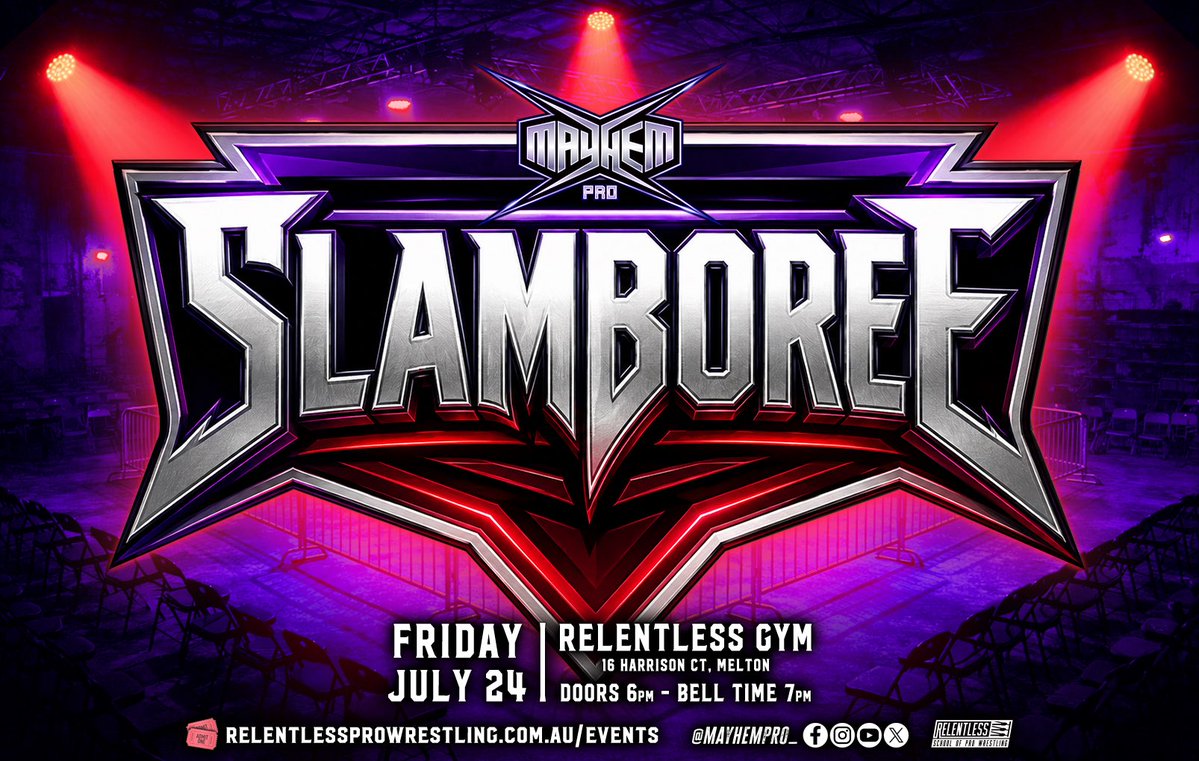 MayhemPro_'s tweet photo. Get ready for our next big live Pro Wrestling event, 
💥SLAMBOREE💥 

Limited tickets available
Don’t miss out, get them now!

📅 Friday July 24
📍 16 Harrison Court Melton
🚪6pm |🔔7pm
🎟️ https://t.co/j96ZUEPqDP

#prowrestling #wrestling https://t.co/QwWX1Ex3EV