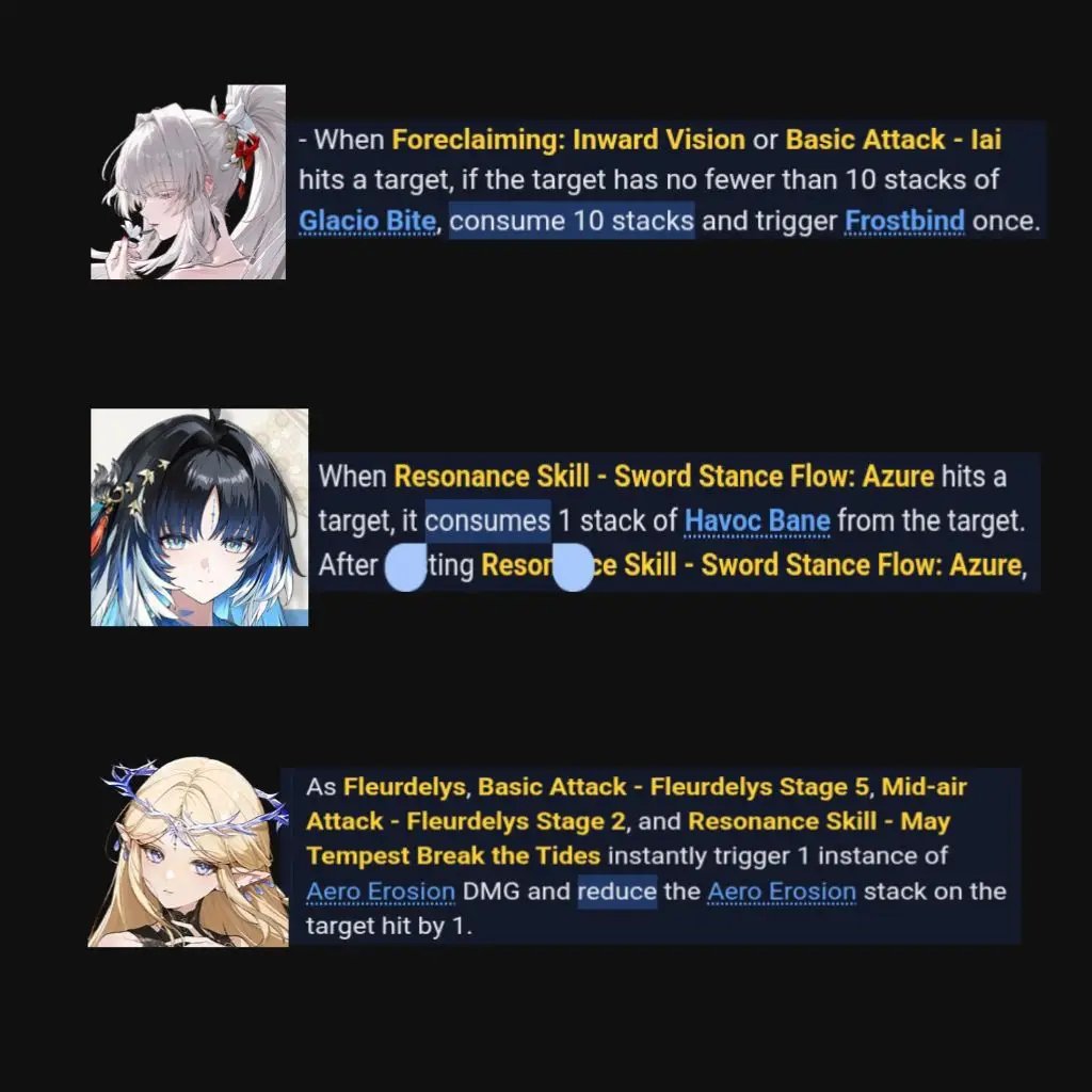 wuwapri's tweet photo. A clarification about Suisui's 50% ATK buff.

The requirement is consuming NS stacks through a character's own kit.

Examples of NS stack consumers:
• Glacio Bite
• Xuanling (Havoc Bane)
• Aero Erosion

This is why characters like Aemeath and Zani aren't ideal users under the current requirements.

S1 reportedly changes the condition from consuming NS stacks to inflicting NS or dealing NS DMG, potentially making it more universal.

STC.

Sc: mawla
#WutheringWaves #WuWa #鸣潮 #鳴潮 #WuWaLeaks #WuWaCollection #WuWaAnniversary