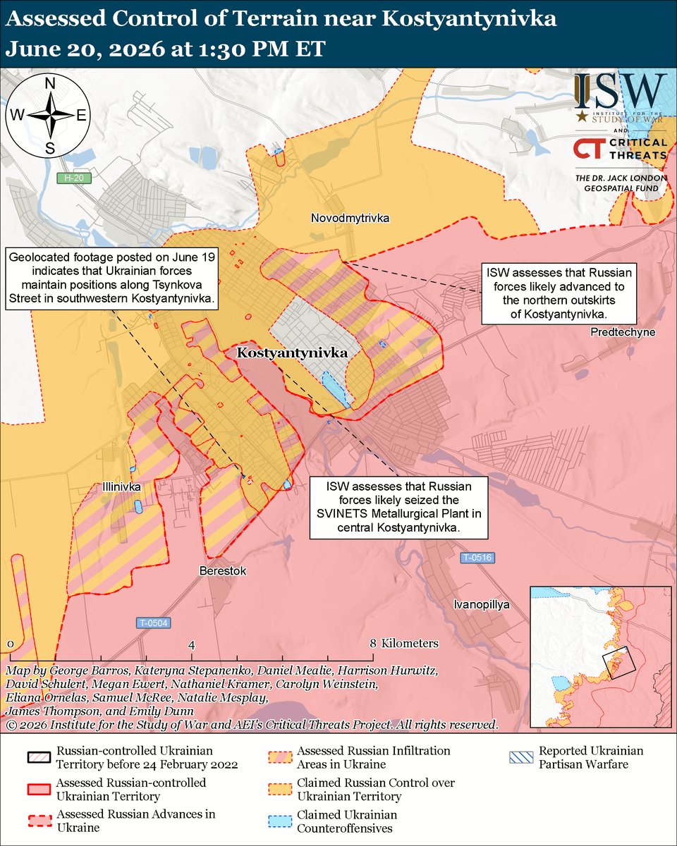 TheStudyofWar's tweet photo. NEW: Ukrainian forces continued to systematically strike bridges and other transport infrastructure supporting Russian ground lines of communication (GLOCs) that connect occupied Kherson Oblast with Crimea.

Other Key Takeaways: 

Ukrainian strikes on Russian transport and railway infrastructure are already disrupting Russian ground lines of communication (GLOCs) and worsening Russian logistics on the left bank of occupied Kherson Oblast and Crimea.

Ukrainian forces continued to strike Russian oil, gas, and energy infrastructure in occupied Crimea and Russia overnight on June 19 and 20.

Russian officials continue trying to mitigate rising gas prices as gas shortages spread across Russia amidst ongoing Ukrainian strikes against Russian energy infrastructure.

Russian forces are trying to adapt to their use of strike drones to compensate for the sudden loss of Starlink and Ukraine’s intermediate-range strike campaign against Russian military assets and logistics in occupied Ukraine.

Russian forces recently advanced in the Kostyantynivka and Pokrovsk directions.  

Russian forces launched 99 drones against Ukraine on the night of June 19 to 20.