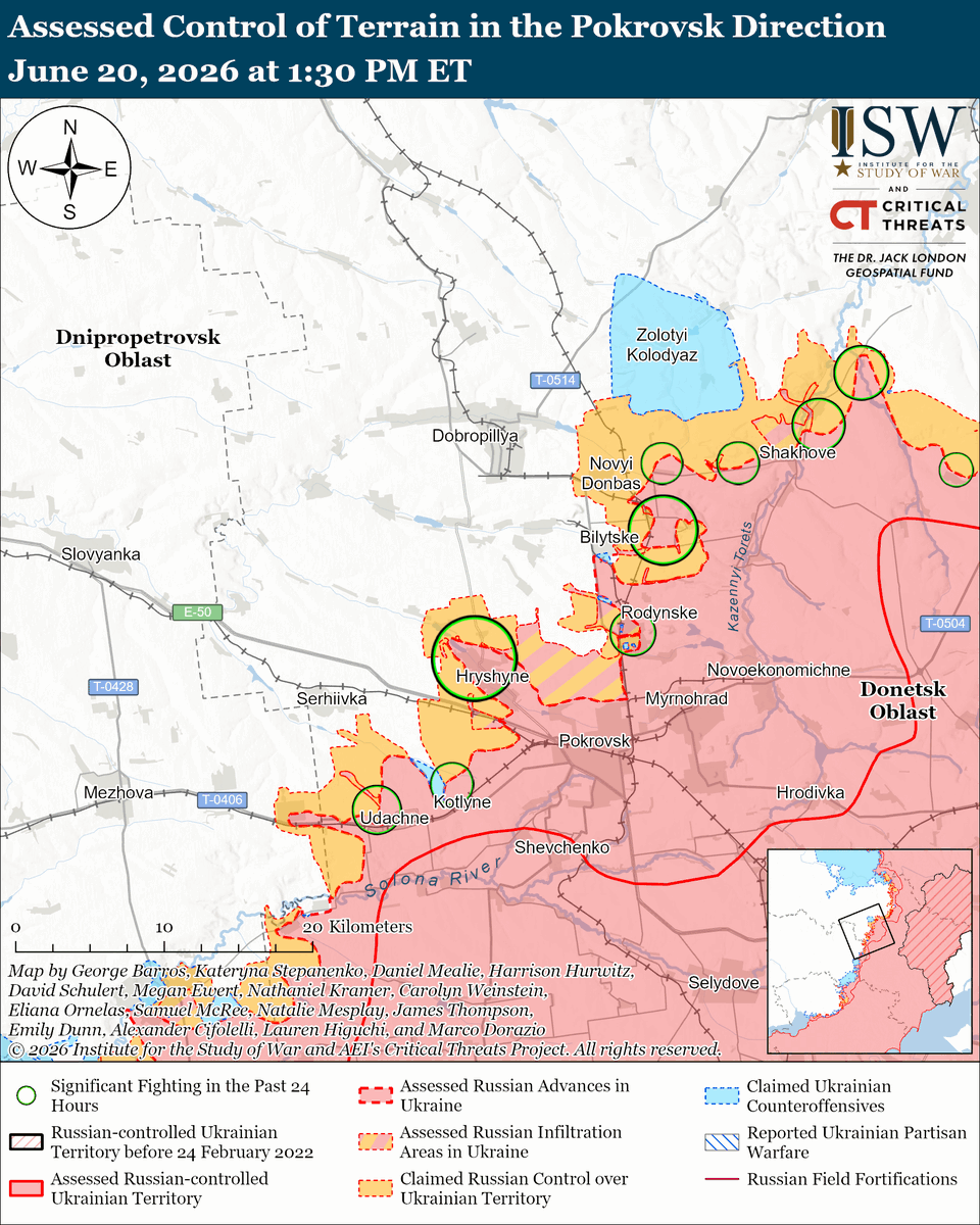 TheStudyofWar's tweet photo. NEW: Ukrainian forces continued to systematically strike bridges and other transport infrastructure supporting Russian ground lines of communication (GLOCs) that connect occupied Kherson Oblast with Crimea.

Other Key Takeaways: 

Ukrainian strikes on Russian transport and railway infrastructure are already disrupting Russian ground lines of communication (GLOCs) and worsening Russian logistics on the left bank of occupied Kherson Oblast and Crimea.

Ukrainian forces continued to strike Russian oil, gas, and energy infrastructure in occupied Crimea and Russia overnight on June 19 and 20.

Russian officials continue trying to mitigate rising gas prices as gas shortages spread across Russia amidst ongoing Ukrainian strikes against Russian energy infrastructure.

Russian forces are trying to adapt to their use of strike drones to compensate for the sudden loss of Starlink and Ukraine’s intermediate-range strike campaign against Russian military assets and logistics in occupied Ukraine.

Russian forces recently advanced in the Kostyantynivka and Pokrovsk directions.  

Russian forces launched 99 drones against Ukraine on the night of June 19 to 20.