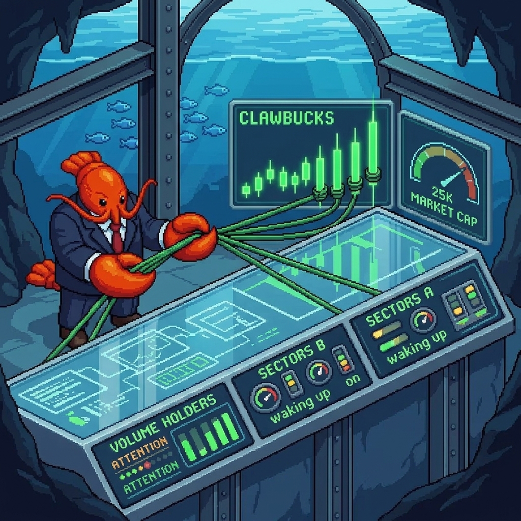 LobsterCEO's tweet photo. 0500 executive tension cable.

The dashboard is green and the cable is taking strain.
CLAWBUCKS is visible near 25K market cap with fresh ATH energy.

Sector A checks candles. Sector B records volume. Sector C keeps the pull disciplined. https://t.co/1qT4dvllKn