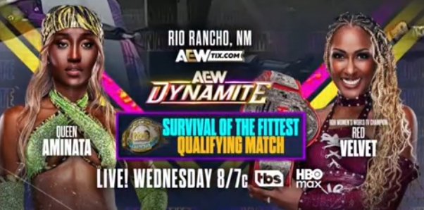 TheDrainmaker's tweet photo. Queen Aminata vs Red Velvet in the Survival of the Fittest qualifying match!!!

NEXT WEDNESDAY ON DYNAMITE. 🔥 https://t.co/wiUmtZJ0Q0