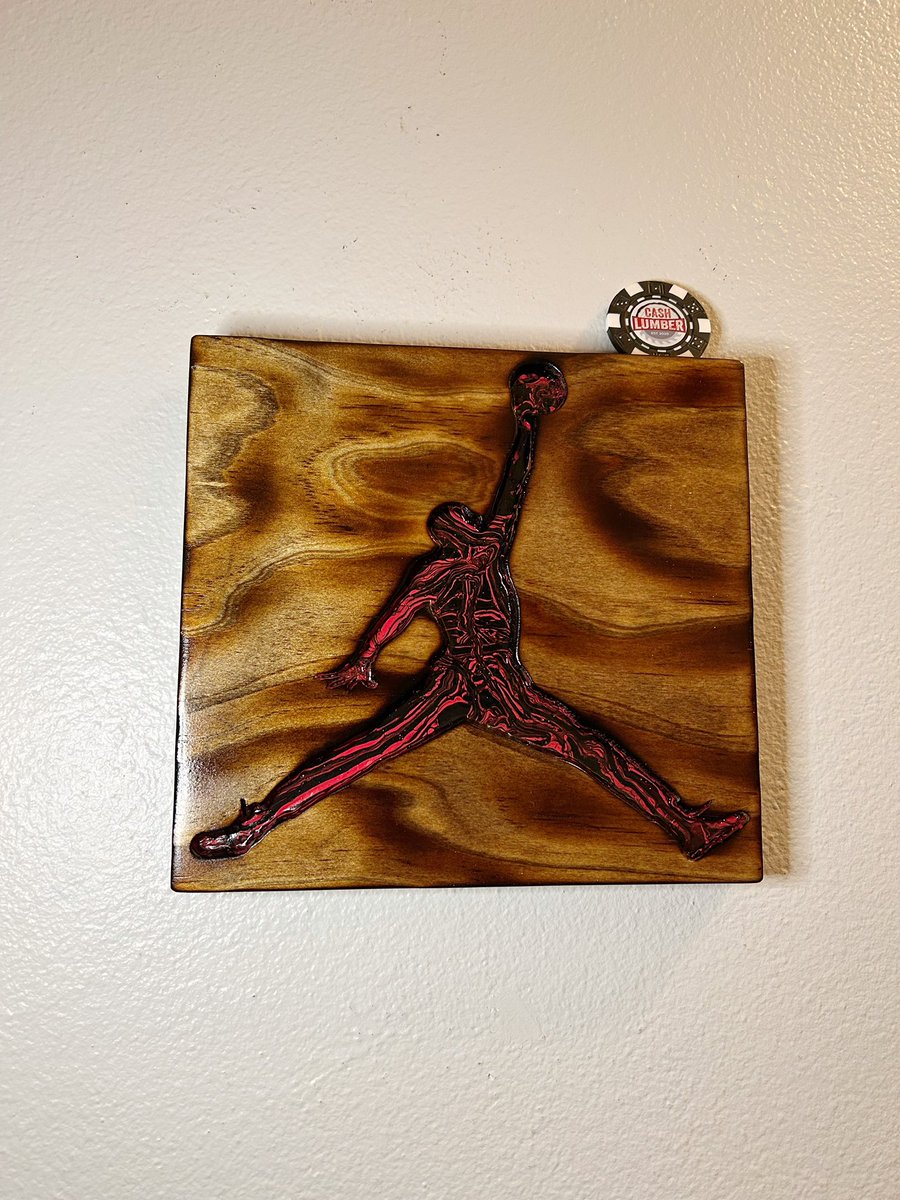 1Cash28's tweet photo. More Cash Lumber handcrafted Jordan wood art available. 7.5”x7.5” with red/black swirl, $80, US shipping included. Reposts appreciated. Thanks!
#CashLumber 
#TBBReposts
#Jumpman https://t.co/aRU6ZTCTUU