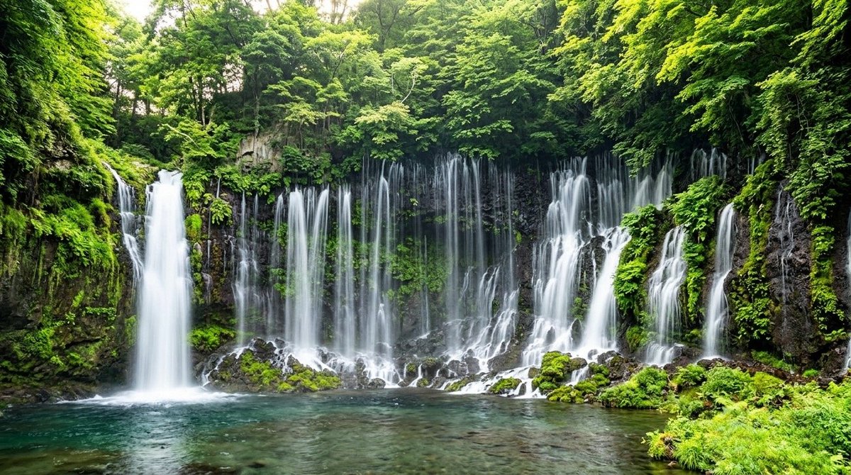 JapanSpotGuide's tweet photo. Visit Shiraito Falls in Karuizawa. Groundwater falls like fine white threads over a curved cliff. A natural masterpiece. 🌊 https://t.co/5NoIk00yTX
