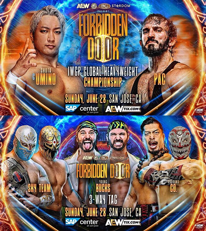njpw1972's tweet photo. 日本時間：6月29日(月)『AEW x NJPW: Forbidden Door』でIWGP GLOBALヘビー級王者・海野翔太がPACと初防衛戦！

鷹木信悟＆ティタンvsヤングバックスvsミスティコ＆マスカラ・ドラダの3WAY戦も電撃決定!!

https://t.co/XDfmy3Whq1

★#ForbiddenDoor のPPVご購入はコチラ
⇒https://t.co/4UkozQkGTf https://t.co/Gg4V0r2p2R