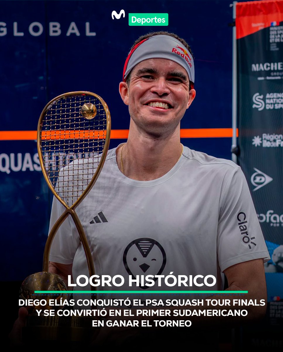 MovistarDeporPe's tweet photo. Diego Elías derrotó a Paul Coll por 3-1 (11-4, 11-4, 4-11 y 11-7) y se proclamó campeón del PSA Squash Tour Finals en París. 🇵🇪🥇🔝

📌 Con este histórico triunfo, Elías se convirtió en el primer deportista sudamericano en conquistar el título del prestigioso torneo. https://t.co/UJ0m0j9lUH