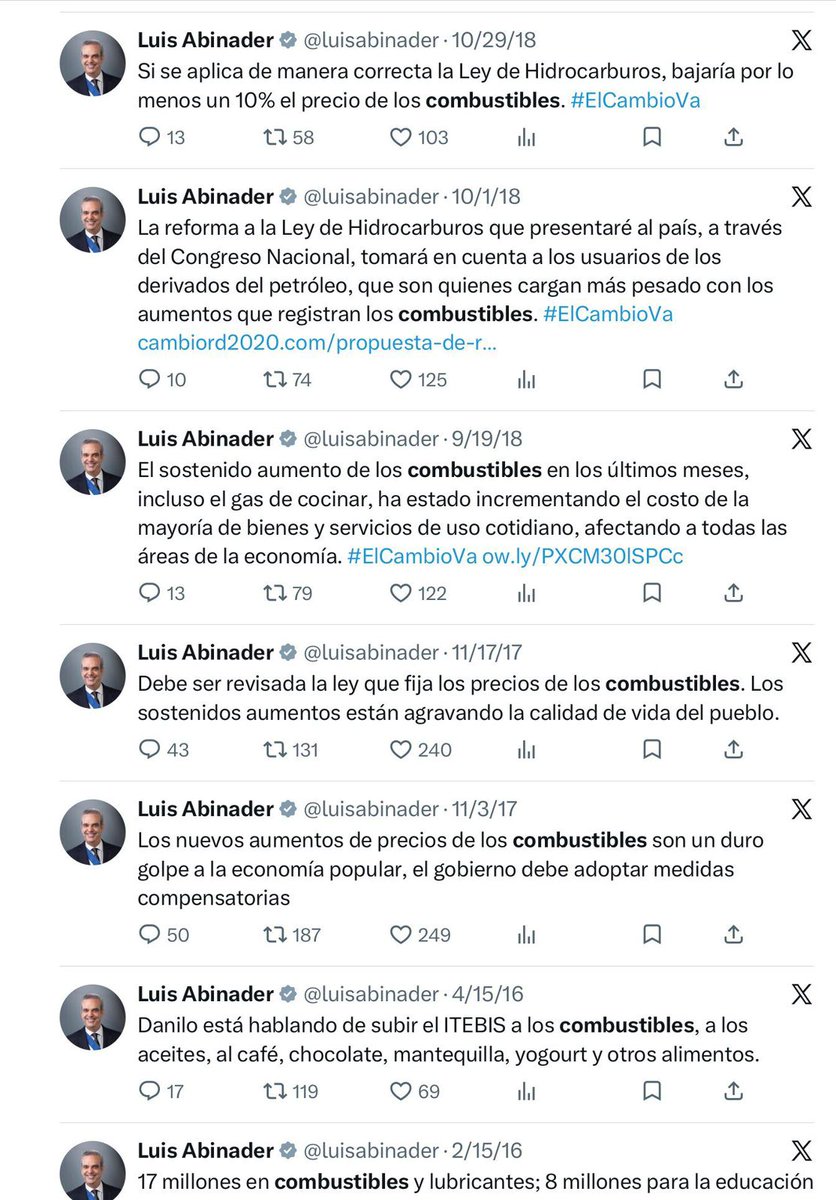 ciprianreyes's tweet photo. ABINADER fija su posición en la campaña  con el TEMA de los combustibles decía que había que cumplir la ley y bajarlo ... Cómo PRESIDENTE lo sube y no cumple con la  LEY. #ElCambioFueUnaTrampa https://t.co/QkiAwB9j80