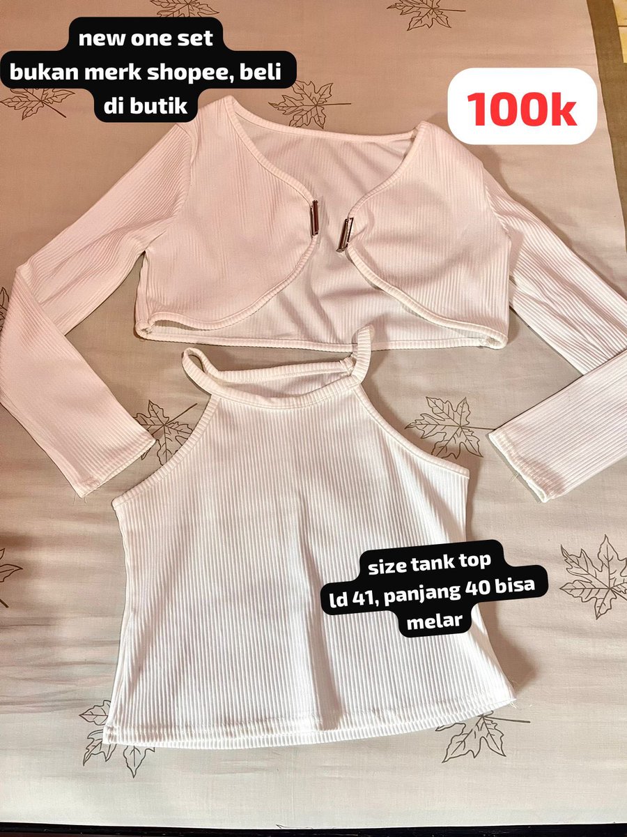 modernishy's tweet photo. wts atasan top all new
bisa co oyen, include admin

1. one set (new)
- size tank top ld 41, panjang 40 
- bkn merk shopee
- 100k
2. cardigan knit cocoya (sekali pake)
- ld 45, panjang 48 bisa melar
- 45k https://t.co/QTbVPApfxi